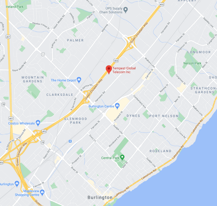 Map showing Tempest's offices, right beside Highway 403 near Burlington, ON.